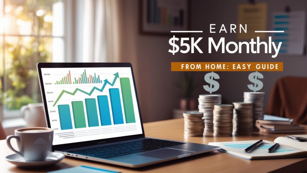 A cozy home office with a laptop displaying financial charts and upward progress bars, symbolizing income growth. Dollar signs and cash stacks in the background, natural lighting, and motivational notes on the desk. The image features a bold title: 'Earn $5K Monthly from Home: Easy Guide.