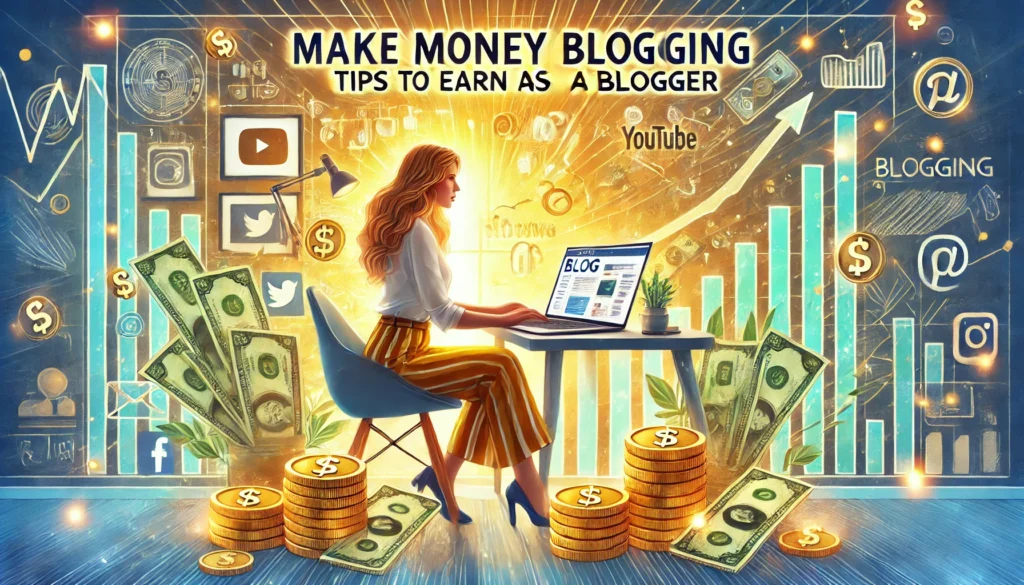 "Image of a blogger working at a desk with money symbols, growth charts, and social media icons. Text reads: 'Make Money Blogging: Tips to Earn as a Blogger.'"