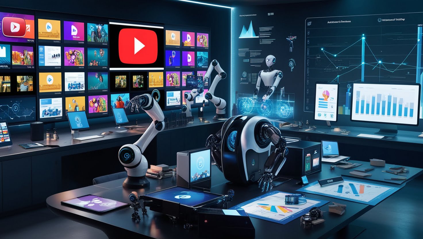 A futuristic workspace filled with various automated devices and screens displaying vibrant YouTube video thumbnails, robotic arms organizing video clips, an AI-driven computer generating content, blueprints of strategies scattered around, a digital timeline featuring analytics and growth graphs, all set in a sleek, modern environment with ambient lighting.