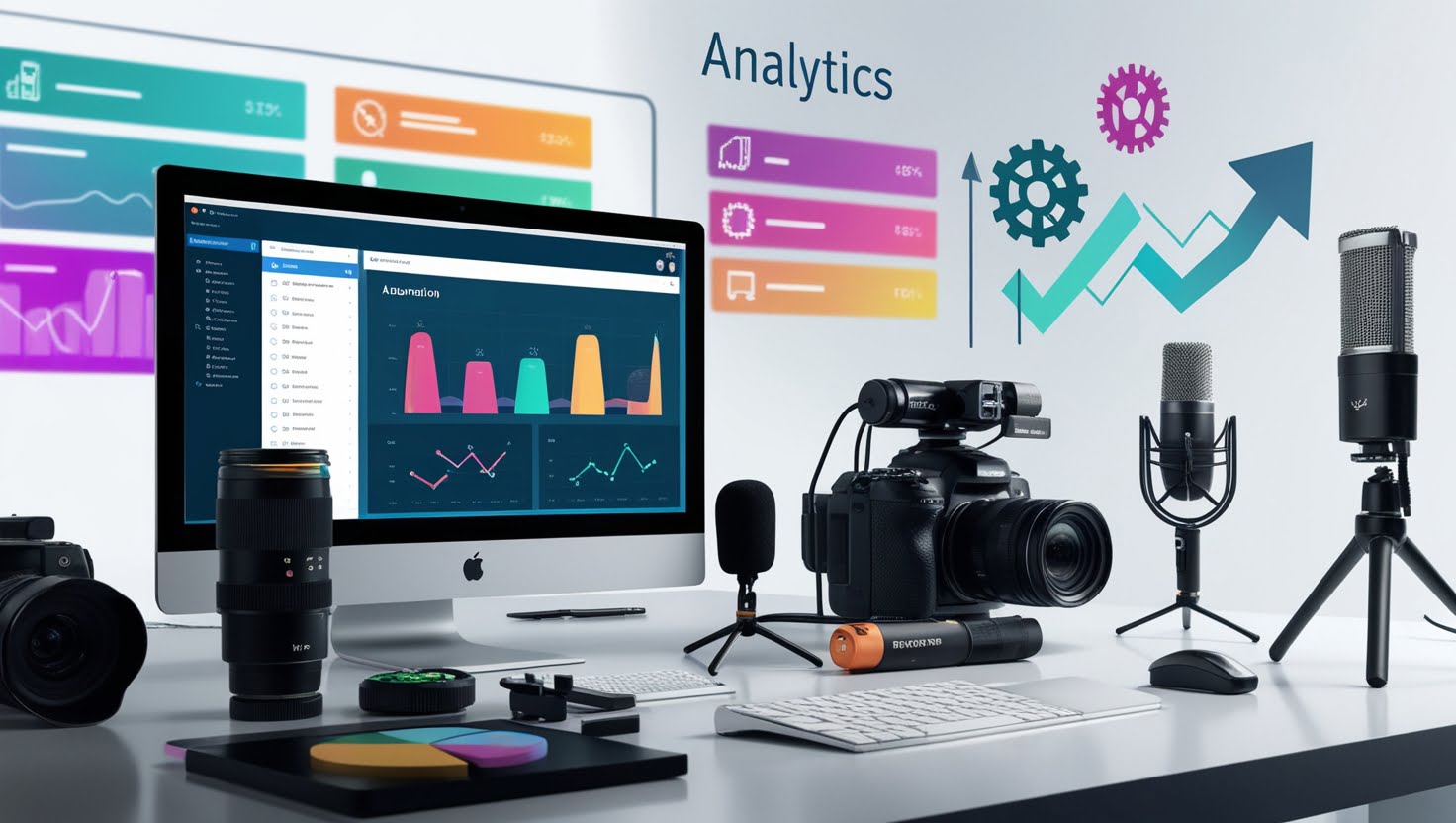 A sleek workspace featuring a modern computer setup with automation software on the screen, surrounded by tools like a camera, microphone, and editing equipment. The background shows vibrant thumbnails and graphs depicting analytics, with elements symbolizing efficiency like gears and arrows, all rendered in a minimalist style.