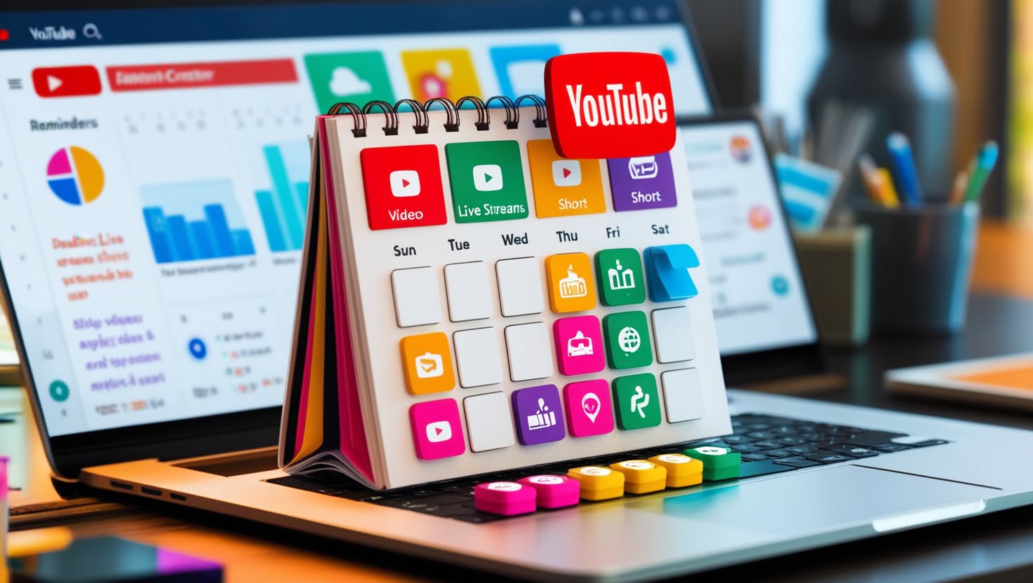 A visually appealing and organized digital calendar with colorful markers and icons representing various types of YouTube content, such as videos, live streams, and shorts. The calendar should be displayed on a sleek laptop screen with elements like reminders, deadlines, and analytics graphs in the background, symbolizing efficient scheduling and planning for content creators.