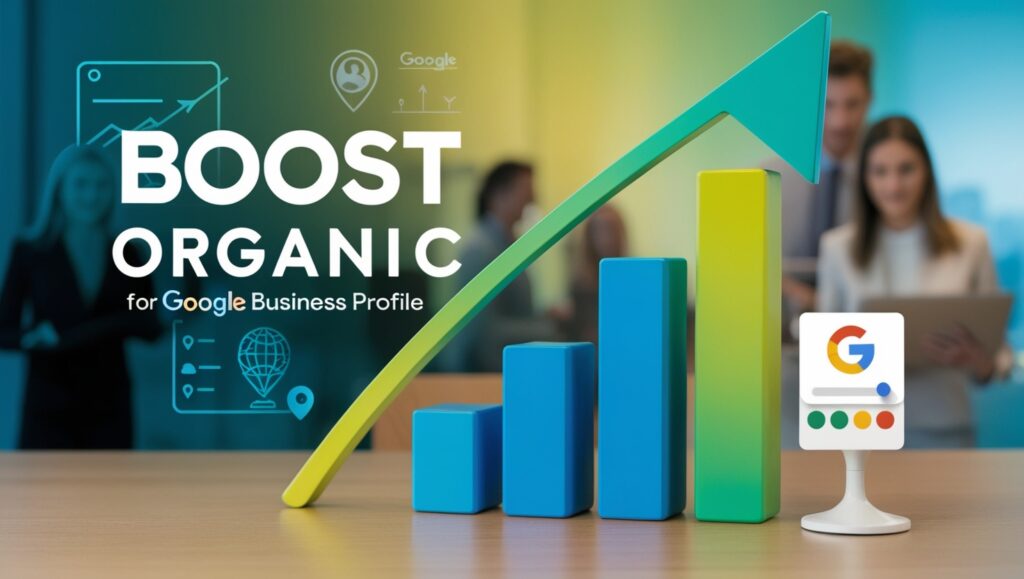 Boost Organic Visits for Google Business Profile.' Feature a rising graph or arrow to symbolize growth, alongside the Google Business Profile logo. In the background, include subtle digital icons like search engine, location pin, and users to convey online presence and traffic. Use a modern, vibrant color palette of blues, greens, and yellows for a dynamic and professional look, with a bold text overlay that reads 'Boost Organic Visits' in a clean, sleek font."