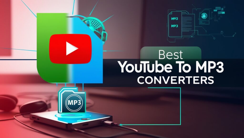 "Illustration of YouTube logo transforming into an MP3 file icon, representing the concept of YouTube to MP3 conversion, with bold colors and tech-themed design elements."