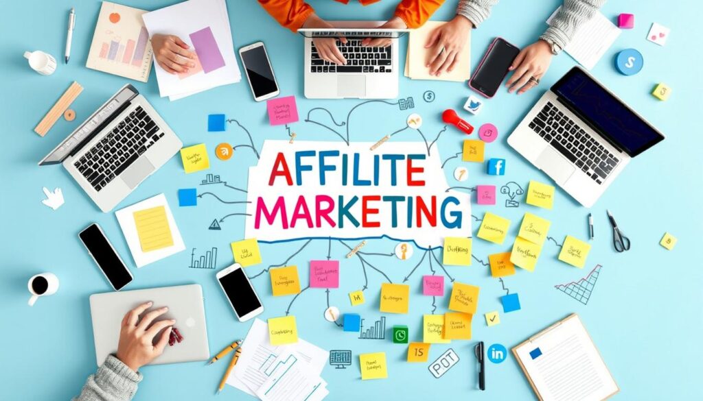 A visually dynamic scene depicting various affiliate marketing strategies, featuring a diverse array of digital devices like laptops and smartphones, surrounded by flowing graphs, dollar signs, and interconnected social media icons. Include an overhead view of a brainstorming session with colorful mind maps and sticky notes illustrating different marketing tactics and partnerships, showcasing a blend of creativity and technology in a vibrant workspace.