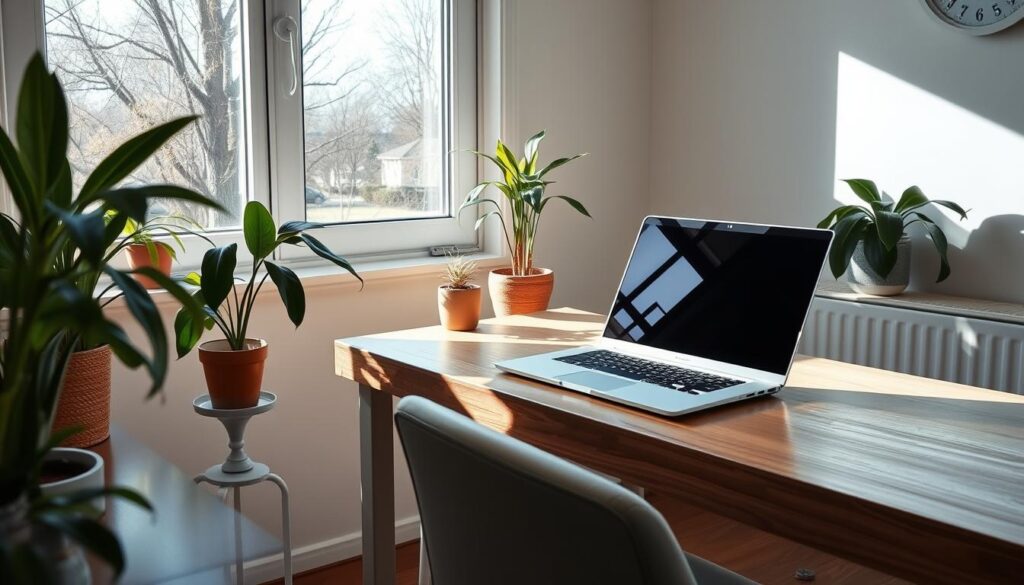 A serene home office with a laptop open on a wooden desk, surrounded by plants and natural light streaming through a window, showcasing a comfortable chair and a cozy atmosphere, paired with a calming view of nature outside.