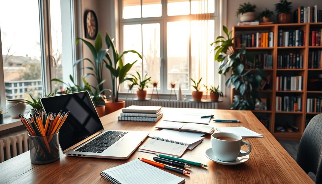 A cozy home office space featuring a wooden desk with a laptop open, scattered notepads, and colorful pens; a steaming cup of coffee to the side, large windows letting in warm sunlight, indoor plants adding a touch of greenery, and shelves filled with books, all creating an inviting atmosphere for freelance writing.