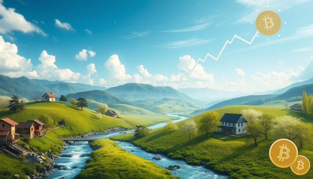 A serene landscape depicting various passive income streams symbolized by flowing rivers, lush green hills, and blooming trees, with elements like rental houses, stock market graphs, and digital currency icons subtly integrated into the scenery, evoking a sense of tranquility and abundance.