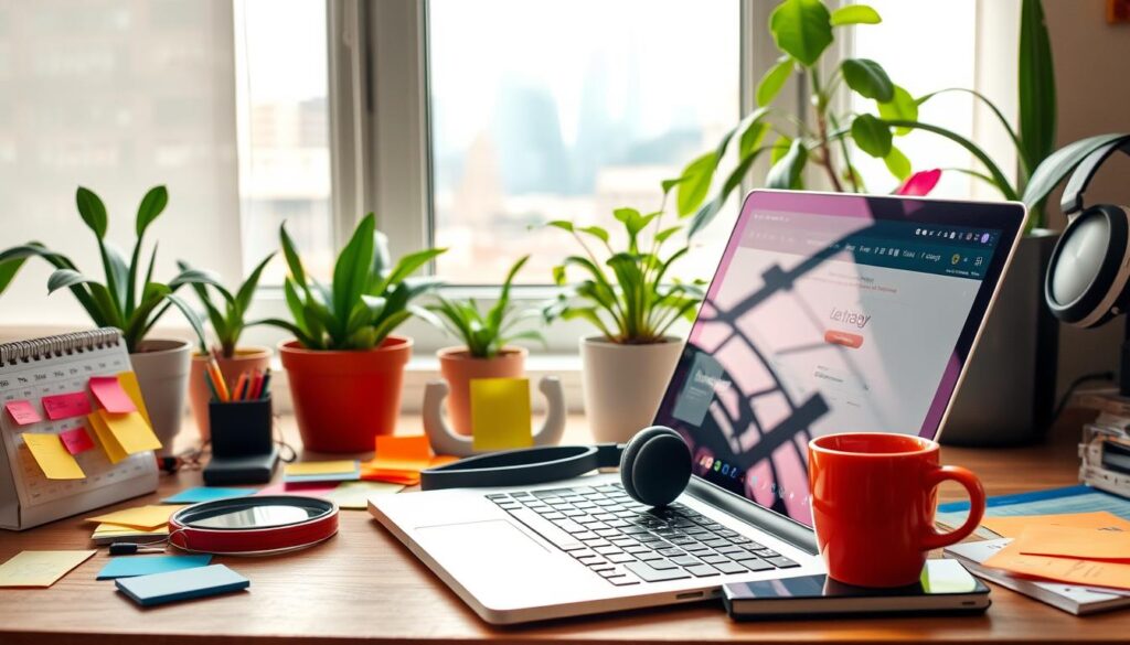 A vibrant and diverse workspace setup, showcasing a laptop with various remote work tools like headphones and a coffee cup, surrounded by colorful sticky notes and a calendar, with a window view of a city skyline, plants in the background, and soft natural light illuminating the scene.